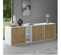 doporro Buffet Bas 180 cm Commode Meuble de Rangement Blanc Mat et Chêne Clair Suspendu ou Sur Pied Salon Salle à Manger 3 Portes S2