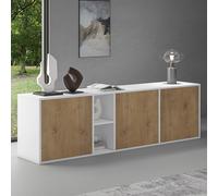 doporro Buffet Bas Commode 180cm avec 3 Portes Suspendu ou sur Pied | Placard Salon Salle à Manger, Blanc Mat + Chêne Clair, Schrank02