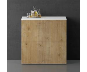 doporro Buffet Commode 76 cm Meuble de Rangement Blanc Mat et Chêne Clair Placard Salon Salle à Manger 4 Portes Schrank04