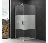 doporro Cabine de Douche en Angle Montage réversible 80x80x195 Porte Pivotante Autolevante en Verre Transparant avec Bande Opaque avec Receveur de Douche Ravenna36MS-Plus