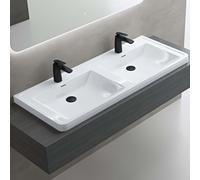 doporro Double Lavabo à Encastrer Blanc Vasque en Solid Surface Lave Mains Rectangulaire de Qualité pour Salle de Bain 120x48x14,5cm Colossum08