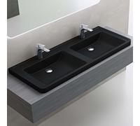 doporro Double Lavabo à Encastrer Noir Mat Vasque en Solid Surface Lave Mains Rectangulaire de Qualité pour Salle de Bain 120x48x14,5cm Colossum08
