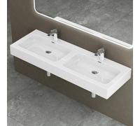 doporro Double Lavabo à Poser Blanc 140cm Vasque pour 2 Lave Mains pour Salle de Bains 140x48x13 Colossum830