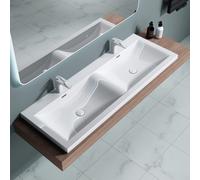 doporro Double Lavabo Vasque à Encastrer 144 cm Blanc Lave Mains Rectangulaire en Solid Surface pour Salle de Bains 144x48x12 cm Colossum03
