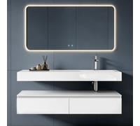 doporro Meuble de Salle de Bain Blanc Mat Ensemble de 3 Pièces Meuble avec Lavabo 150cm et LED Miroir Design Up avec 2 Grands Tiroirs