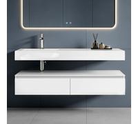 doporro Meuble de Salle de Bain Blanc Mat Ensemble de 3 Pièces Meuble avec Lavabo 150cm et LED Miroir Design Up avec 2 Grands Tiroirs