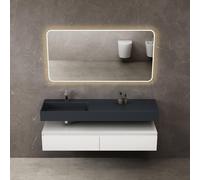 doporro Meuble de Salle de Bain Blanc Mat Ensemble de 3 Pièces Meuble avec Lavabo 150cm et LED Miroir Design Up avec 2 Grands Tiroirs