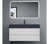 doporro Meuble de Salle de Bain Blanc Mat Ensemble de 3 Pièces Meuble avec Lavabo Anthracite 120cm et LED Miroir Design Deep avec 2 Tiroirs