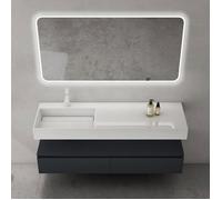 doporro Meuble de Salle de Bain Gris Noir Mat Ensemble de 3 Pièces Meuble avec Lavabo 150cm et LED Miroir Design Up avec 2 Tiroirs