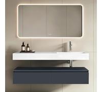doporro Meuble de Salle de Bain Gris Noir Mat Ensemble de 3 Pièces Meuble avec Lavabo 150cm et LED Miroir Design Up avec 2 Grands Tiroirs