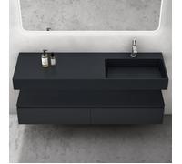 doporro Meuble de Salle de Bain Gris Noir Mat Ensemble de 3 Pièces Meuble avec Lavabo 150cm et LED Miroir avec 2 Grands Tiroirs
