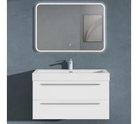 doporro Meuble de Salle de Bain Suspendu 100cm Ensemble de 3 Pièces | Blanc Mat, avec Lavabo en Solid Surface et Miroir LED, Design Quadratto