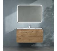 doporro Meuble de Salle de Bain Suspendu 100x48x50cm Ensemble de 3 Pièces | Aspect de Chêne, avec Lavabo en Solid Surface et Miroir LED, Design Aqualis
