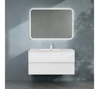 doporro Meuble de Salle de Bain Suspendu 100x48x50cm Ensemble de 3 Pièces Meuble avec Lavabo Solid Surface et LED Miroir Design Aqualis