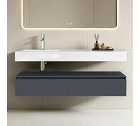 doporro Meuble de Salle de Bain Suspendu 150cm Ensemble de 2 Pièces | Gris Noir Mat, avec Lavabo en Solid Surface, avec 2 Grands Tiroirs, Design Up