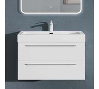 doporro Meuble de Salle de Bain Suspendu 90cm Ensemble de 2 Pièces | Blanc Mat, avec Lavabo en Solid Surface, Design Quadratto