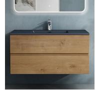doporro Meuble de Salle de Bain Suspendu Aspect de Chêne 100x48x50cm Ensemble de 2 Pièces Meuble avec Lavabo Gris Noir Mat Aqualis