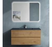 doporro Meuble de Salle de Bain Suspendu Aspect de Chêne 100x48x50cm Ensemble de 3 Pièces Meuble avec Lavabo Gris Noir Mat Solid Surface et LED Miroir Design Aqualis