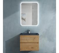 doporro Meuble de Salle de Bain Suspendu Aspect de Chêne 60x48x50cm Ensemble de 3 Pièces Meuble avec Lavabo Gris Noir Mat Solid Surface et LED Miroir Design Aqualis