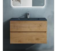 doporro Meuble de Salle de Bain Suspendu Aspect de Chêne 80x48x50cm Ensemble de 2 Pièces Meuble avec Lavabo Gris Noir Mat Solid Surface Design Aqualis