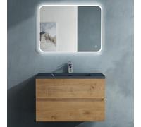 doporro Meuble de Salle de Bain Suspendu Aspect de Chêne 80x48x50cm Ensemble de 3 Pièces Meuble avec Lavabo Gris Noir Mat Solid Surface et LED Miroir Design Aqualis