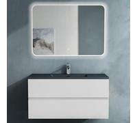 doporro Meuble de Salle de Bain Suspendu Blanc Mat 100x48x50cm Ensemble de 3 Pièces Meuble avec Lavabo Gris Noir Mat Solid Surface et Led Miroir Design Aqualis