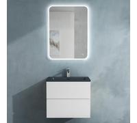 doporro Meuble de Salle de Bain Suspendu Blanc Mat 60x48x50cm Ensemble de 3 Pièces Meuble avec Lavabo Gris Noir Mat Solid Surface et Led Miroir Design Aqualis