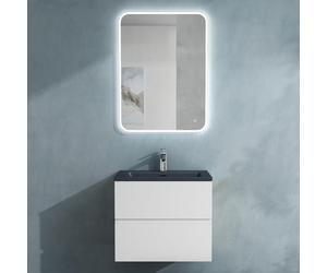 doporro Meuble de Salle de Bain Suspendu Blanc Mat 60x48x50cm Ensemble de 3 Pièces Meuble avec Lavabo Gris Noir Mat Solid Surface et Led Miroir Design Aqualis