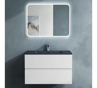 doporro Meuble de Salle de Bain Suspendu Blanc Mat 80x48x50cm Ensemble de 3 Pièces Meuble avec Lavabo Gris Noir Mat Solid Surface et Led Miroir Design Aqualis