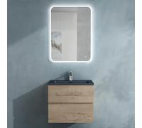 doporro Meuble de Salle de Bain Suspendu Chêne Clair 60x48x50cm Ensemble de 3 Pièces Meuble avec Lavabo Gris Noir Mat Solid Surface et LED Miroir Design Aqualis