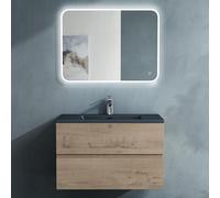 doporro Meuble de Salle de Bain Suspendu Chêne Clair 80x48x50cm Ensemble de 3 Pièces Meuble avec Lavabo Gris Noir Mat Solid Surface et LED Miroir Design Aqualis