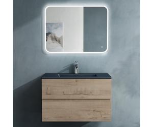 doporro Meuble de Salle de Bain Suspendu Chêne Clair 80x48x50cm Ensemble de 3 Pièces Meuble avec Lavabo Gris Noir Mat Solid Surface et LED Miroir Design Aqualis