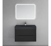 doporro Meuble de Salle de Bain Suspendus Noir Mat 80x48x56cm Ensemble de 3 Pièces Meuble avec Lavabo et Miroir Design Yoga-Lackier