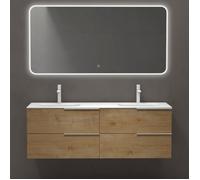 doporro Meuble de Salle de Bains 144 cm avec Double Lavabo Ensemble de 3 Pièces Vasque Miroir LED et Meuble Aspect de Chêne Vanessa