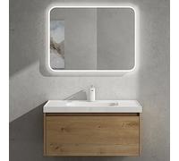doporro Meuble de Salle de Bain Suspendu 80cm Ensemble de 2 Pièces | Marron Clair, avec Lavabo en Solid Surface, Design Salerno