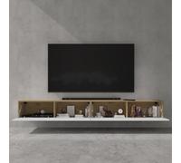 doporro Meuble TV Bas 240x40,2x30cm Armoire TV avec Portes | Table de Télévision Salon, Meuble TV Suspendu, Marron Clair + Blanc Mat, Panneaux en Bois, Fernsehschrank02