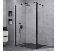 doporro Paroi de Douche à L'italienne Transparent Pare-Douche Verre de Sécurité 10mm Bremen2K 90x200cm + Partie Latérale 30cm Profilé Noir Stabilisateur Rond