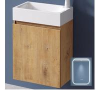 doporro Petit Meuble de Salle de Bain Suspendu 46cm Aspect de Chêne Ensemble de 3 Pièces Meuble avec Lavabo et LED Miroir Pisa02