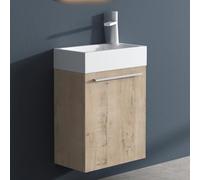 doporro Petit Meuble de Salle de Bain Suspendu 46cm Ensemble de 2 Pièces | Chêne Clair, avec Lavabo en Solid Surface, Design Pisa