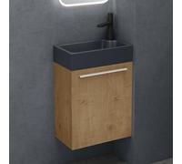 doporro Petit Meuble de Salle de Bain Suspendu 46cm Ensemble de 2 Pièces | Marron Clair, Lavabo Gris Noir Mat, avec Lavabo en Solid Surface, Design Pisa