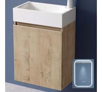 doporro Petit Meuble de Salle de Bain Suspendu 46cm Chêne Clair Ensemble de 3 Pièces Meuble avec Lavabo et LED Miroir Pisa02