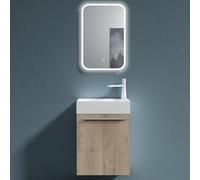 doporro Petit Meuble sous Vasque Chêne Clair et Vasque 46cm + Miroir Ensemble de 2 Pièces de Meuble de Salle de Bain Design Pisa