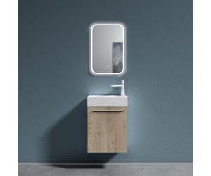 doporro Petit Meuble sous Vasque Chêne Clair et Vasque 46cm + Miroir Ensemble de 2 Pièces de Meuble de Salle de Bain Design Pisa