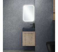 doporro Petit Meuble sous Vasque Chêne Clair et Vasque Gris Noir Mat 46cm Ensemble de 3 Pièces Meuble de Salle de Bain avec Lavabo et Miroir LED Design Pisa