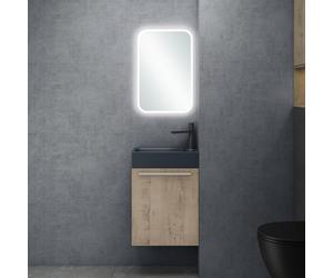 doporro Petit Meuble sous Vasque Chêne Clair et Vasque Gris Noir Mat 46cm Ensemble de 3 Pièces Meuble de Salle de Bain avec Lavabo et Miroir LED Design Pisa