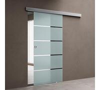 doporro Porte Coulissante en Verre pour L'intérieur 77,5cm x 205cm Verre de Sécurité Bandes Opaques Poignée Ronde Porte Glissante Distance au Mur de 15mm Amalfi 11