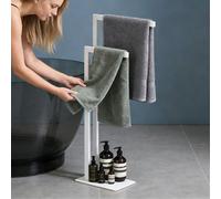 doporro Porte-Serviettes sur Pied avec 2 Barres et Étagère, Support Serviette Autoportant en Acier Inoxydable Blanc Mat, Porte Serviette Salle de Bain, Tavrin-02