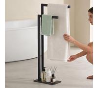 doporro Porte-Serviettes sur Pied avec 2 Barres et Étagère, Support Serviette Autoportant en Acier Inoxydable Noir Mat, Porte Serviette Salle de Bain, Tavrin-02
