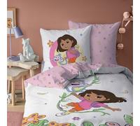 Dora Explore Parure de lit imprimée 100% coton - Licence officielle | Housse de Couette 140x200 cm + 1 taie 63x63 cm | Fermeture boutons | Chambre enfant, lit 1 place | Certification Oeko-Tex