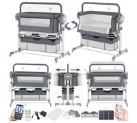 Doraystar Électrique Bluetooth Intelligent Lit Cododo Bebe, Convertible Cododo Berceau Bébé Co-Sommeil, Pliable Lit Bebe avec Matelas, Télécommande, Musique et 5 Vitesses Balancement (608 Grey)